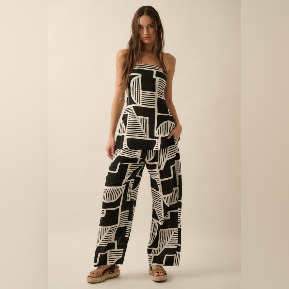 NWT The Petra Black Abstract Bandeau Pant set Large
